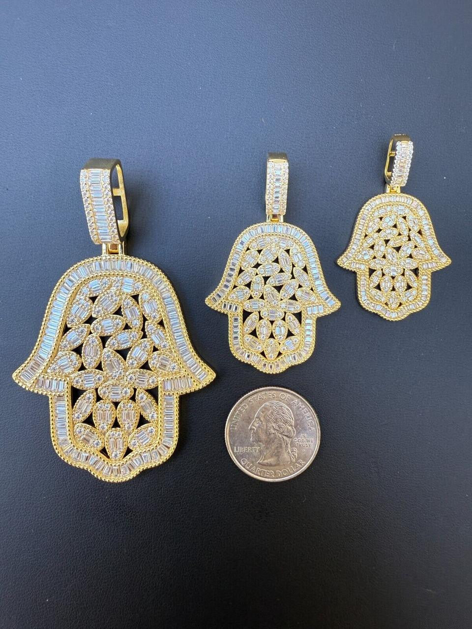MOISSANITE 100 Evil Eyes Hamsa Hand Iced Out Pendant - 14k Gold Vermeil 925 Silver - 3 Sizes 1.25"-3"