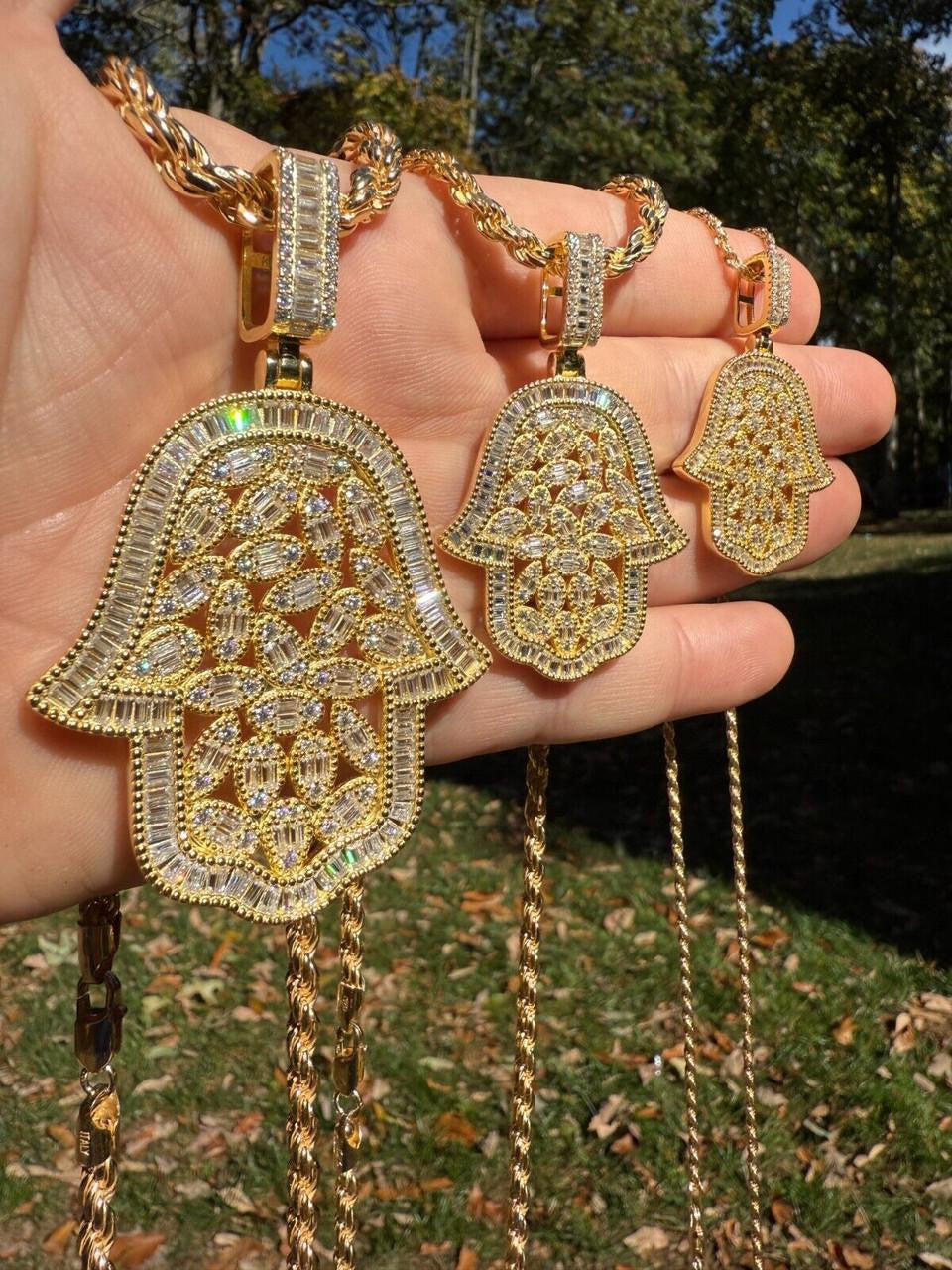 MOISSANITE 100 Evil Eyes Hamsa Hand Iced Out Pendant - 14k Gold Vermeil 925 Silver - 3 Sizes 1.25"-3"