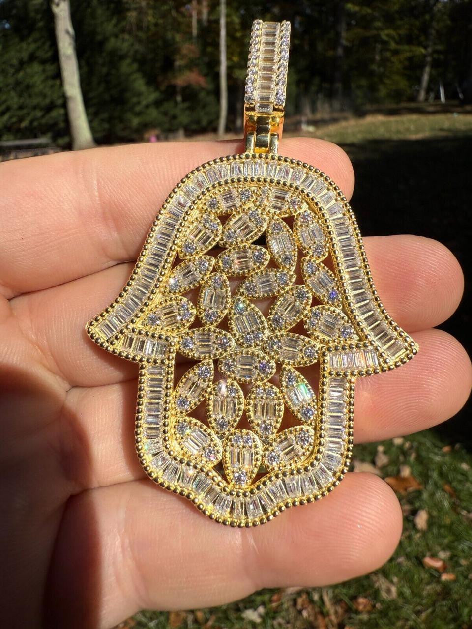 MOISSANITE 100 Evil Eyes Hamsa Hand Iced Out Pendant - 14k Gold Vermeil 925 Silver - 3 Sizes 1.25"-3"