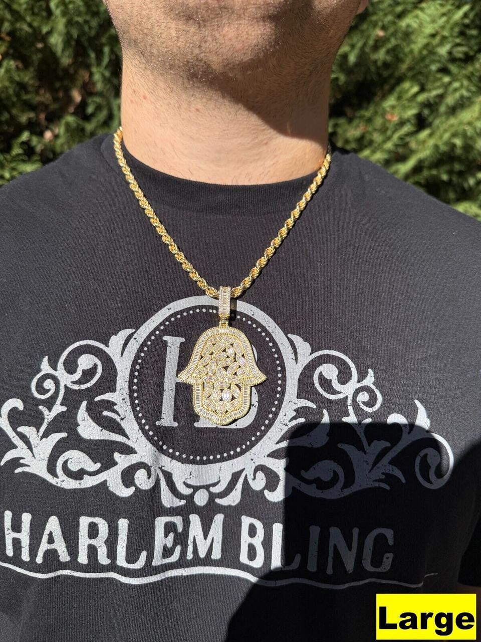 MOISSANITE 100 Evil Eyes Hamsa Hand Iced Out Pendant - 14k Gold Vermeil 925 Silver - 3 Sizes 1.25"-3"