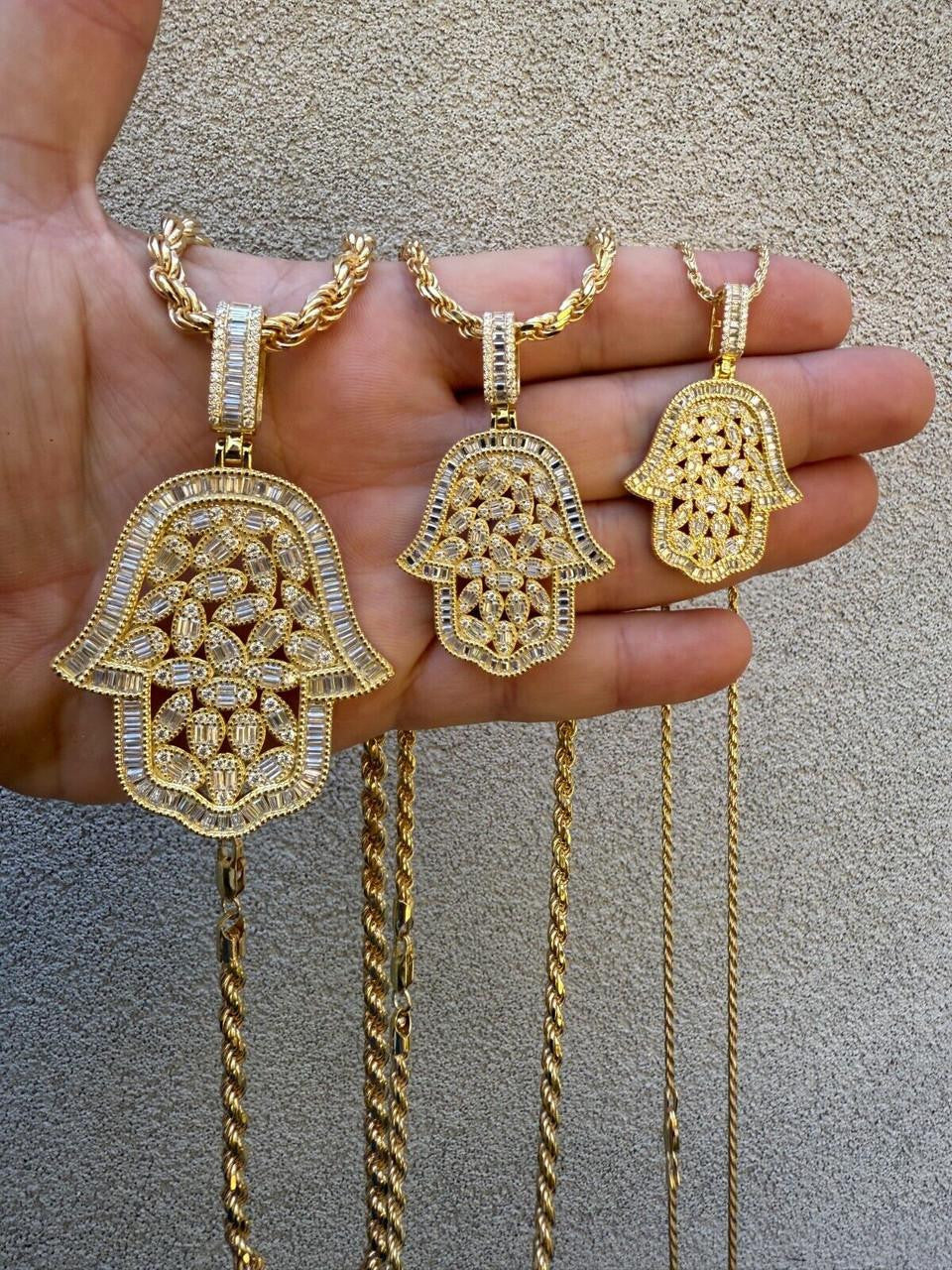 MOISSANITE 100 Evil Eyes Hamsa Hand Iced Out Pendant - 14k Gold Vermeil 925 Silver - 3 Sizes 1.25"-3"