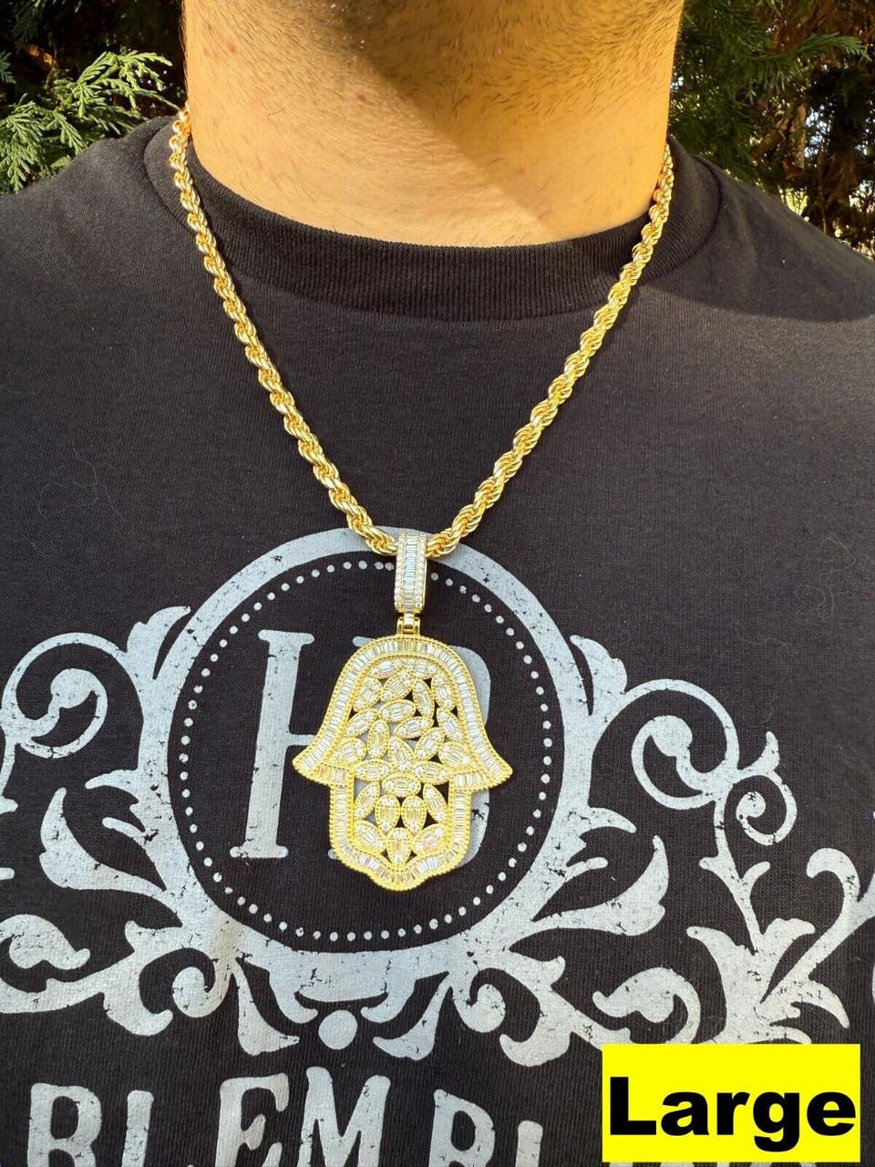 MOISSANITE 100 Evil Eyes Hamsa Hand Iced Out Pendant - 14k Gold Vermeil 925 Silver - 3 Sizes 1.25"-3"
