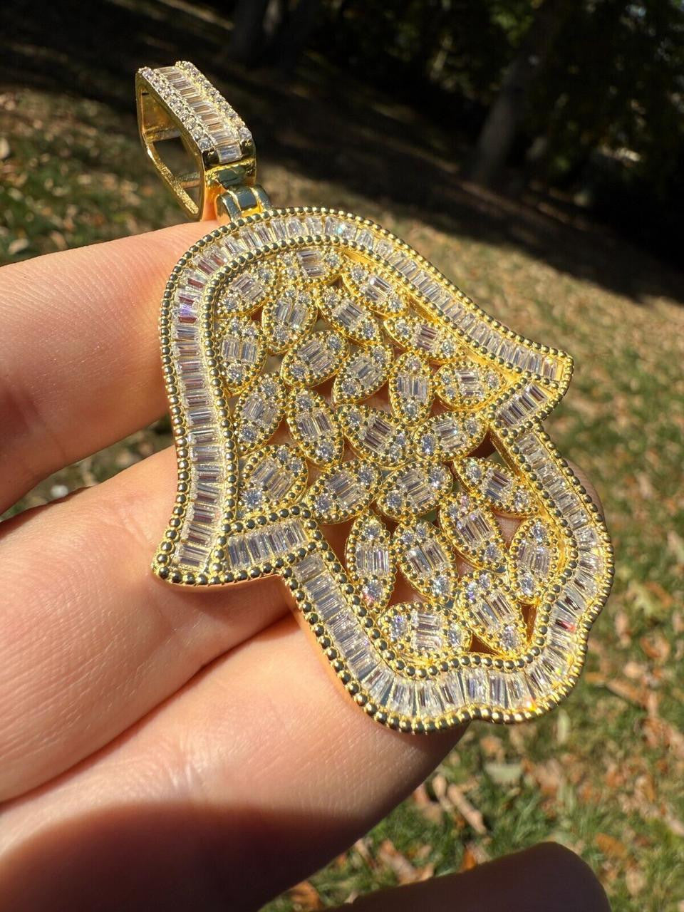 MOISSANITE 100 Evil Eyes Hamsa Hand Iced Out Pendant - 14k Gold Vermeil 925 Silver - 3 Sizes 1.25"-3"