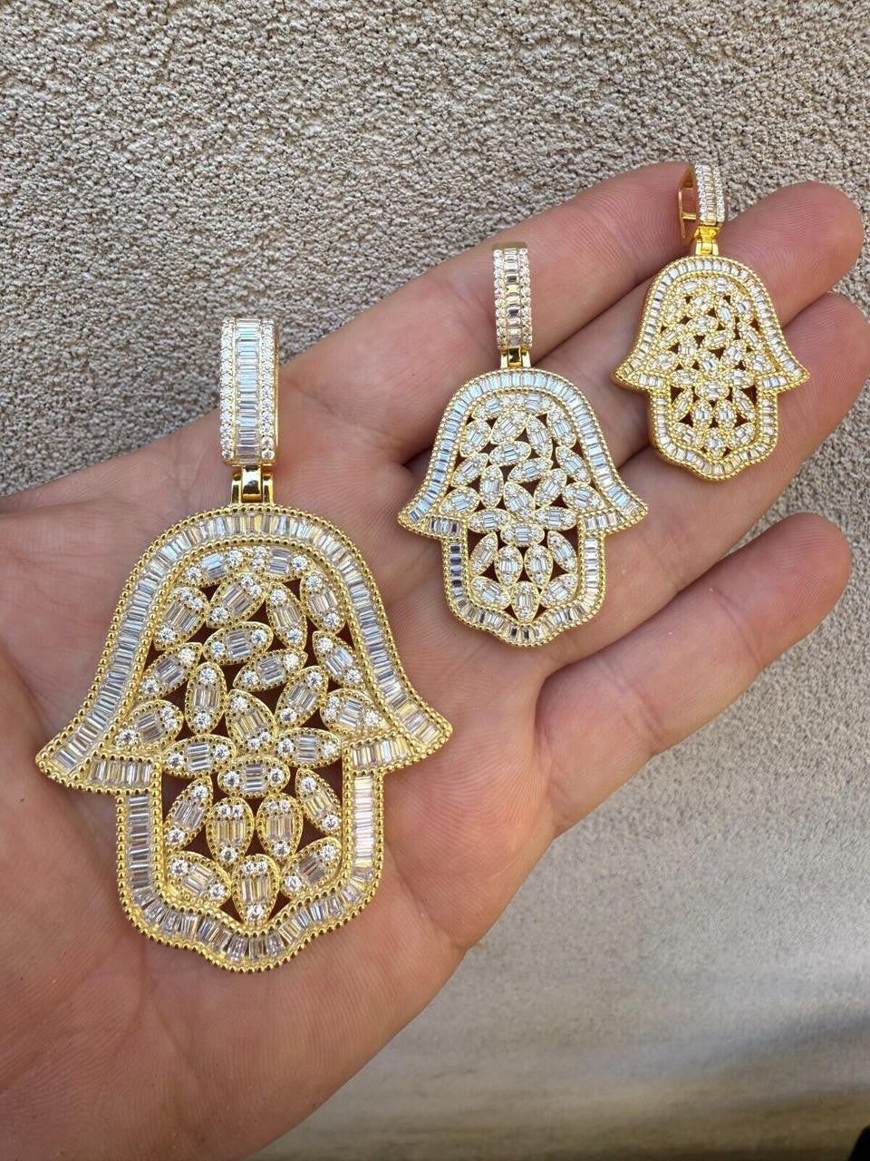 MOISSANITE 100 Evil Eyes Hamsa Hand Iced Out Pendant - 14k Gold Vermeil 925 Silver - 3 Sizes 1.25"-3"