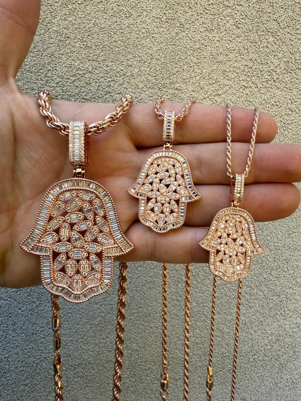 MOISSANITE 100 Evil Eyes Hamsa Hand Iced Out Pendant - 14k Rose Gold Vermeil 925 Silver - 3 Sizes 1.25"-3"