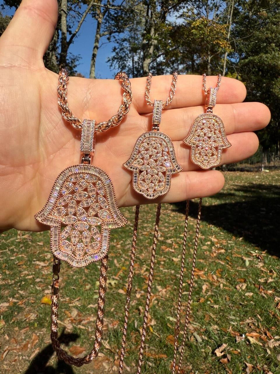 MOISSANITE 100 Evil Eyes Hamsa Hand Iced Out Pendant - 14k Rose Gold Vermeil 925 Silver - 3 Sizes 1.25"-3"