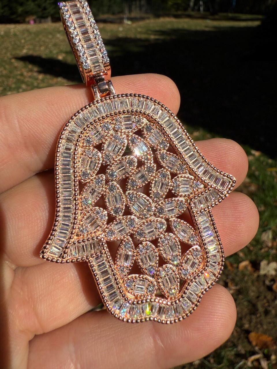 MOISSANITE 100 Evil Eyes Hamsa Hand Iced Out Pendant - 14k Rose Gold Vermeil 925 Silver - 3 Sizes 1.25"-3"