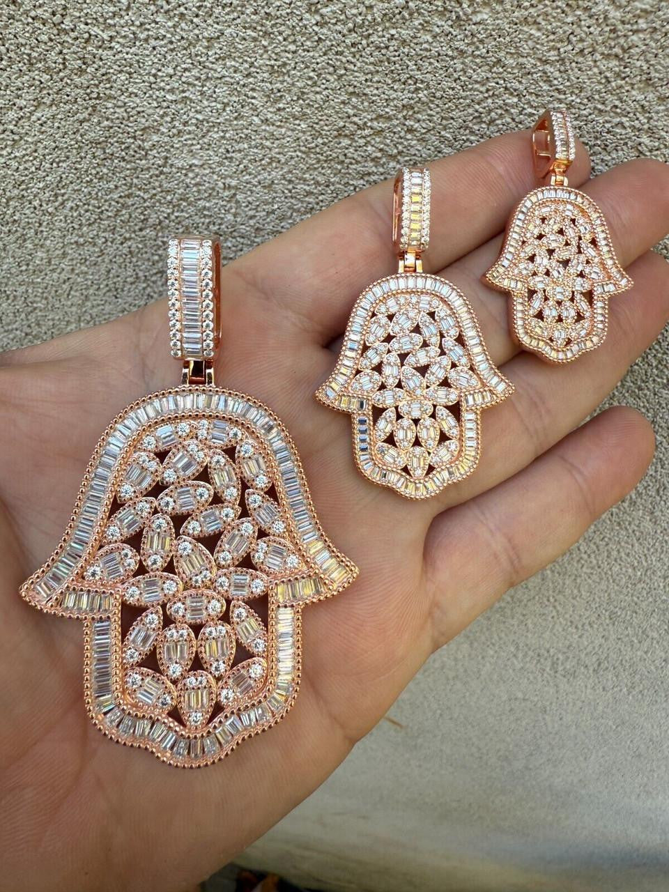 MOISSANITE 100 Evil Eyes Hamsa Hand Iced Out Pendant - 14k Rose Gold Vermeil 925 Silver - 3 Sizes 1.25"-3"