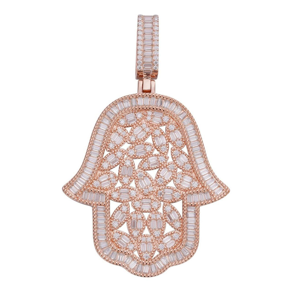 MOISSANITE 100 Evil Eyes Hamsa Hand Iced Out Pendant - 14k Rose Gold Vermeil 925 Silver - 3 Sizes 1.25"-3"