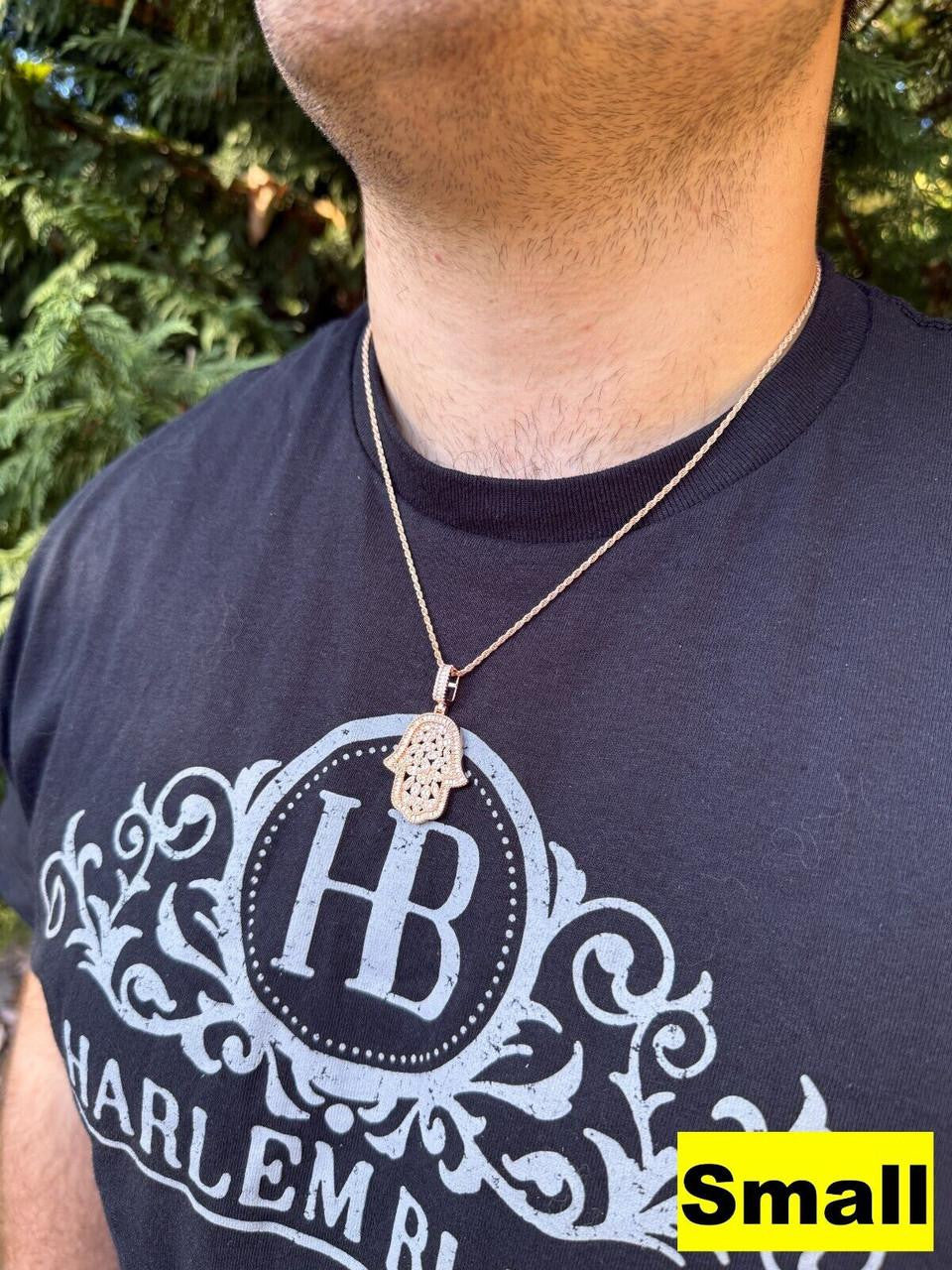 MOISSANITE 100 Evil Eyes Hamsa Hand Iced Out Pendant - 14k Rose Gold Vermeil 925 Silver - 3 Sizes 1.25"-3"