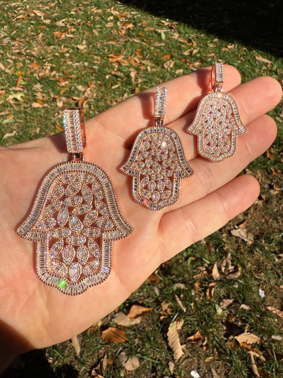 MOISSANITE 100 Evil Eyes Hamsa Hand Iced Out Pendant - 14k Rose Gold Vermeil 925 Silver - 3 Sizes 1.25"-3"