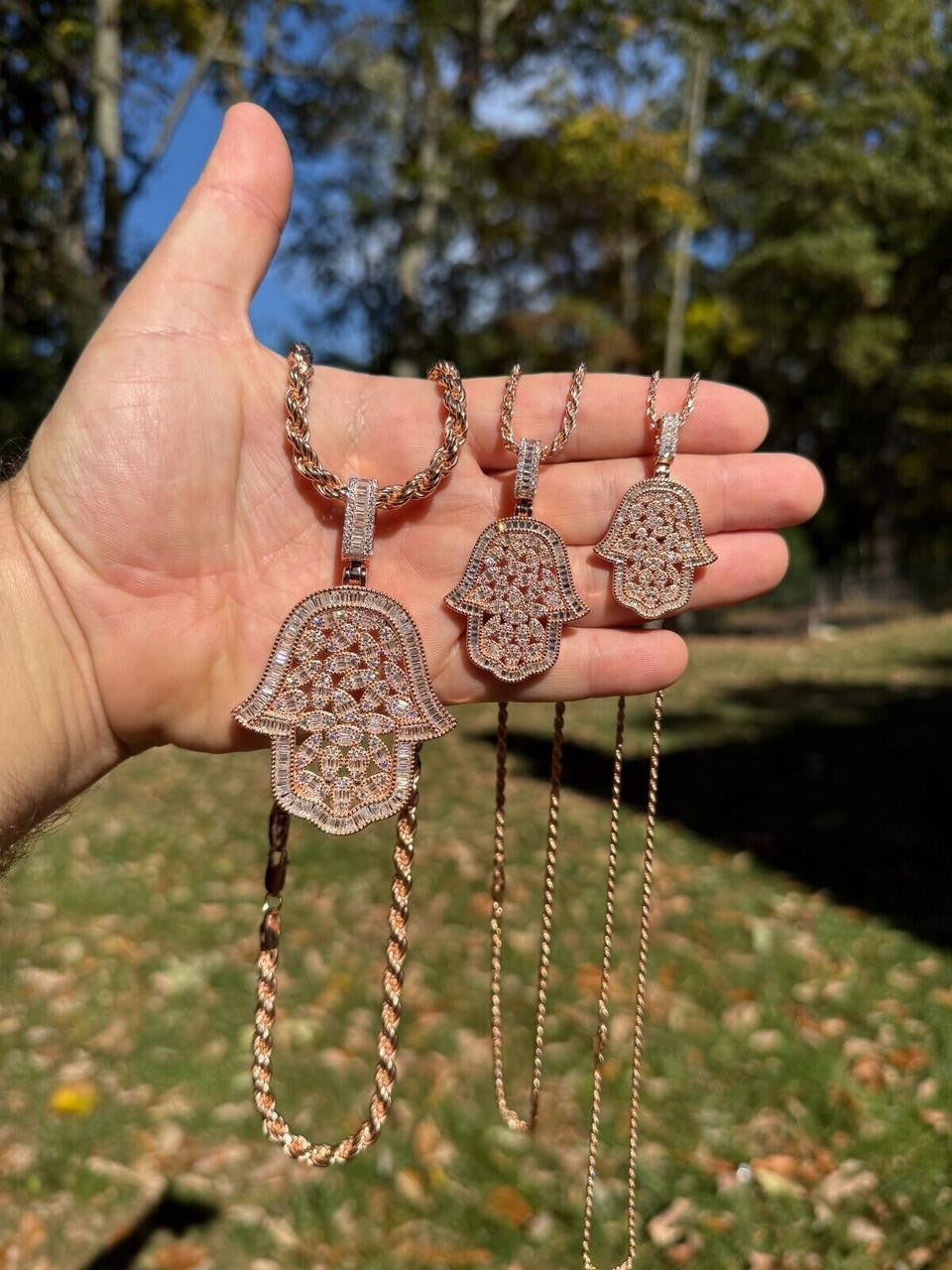 MOISSANITE 100 Evil Eyes Hamsa Hand Iced Out Pendant - 14k Rose Gold Vermeil 925 Silver - 3 Sizes 1.25"-3"