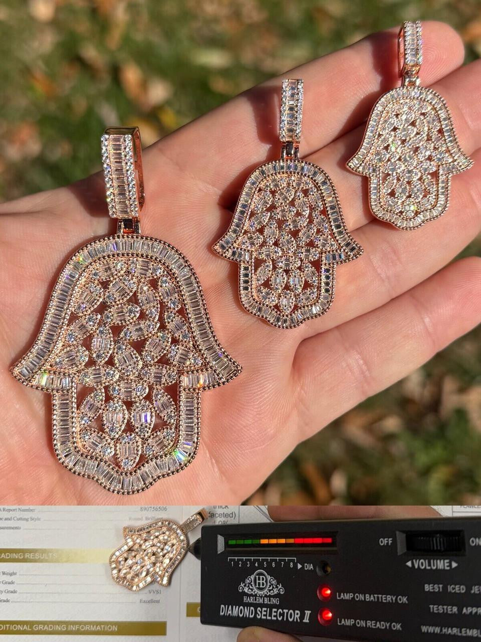 MOISSANITE 100 Evil Eyes Hamsa Hand Iced Out Pendant - 14k Rose Gold Vermeil 925 Silver - 3 Sizes 1.25"-3"