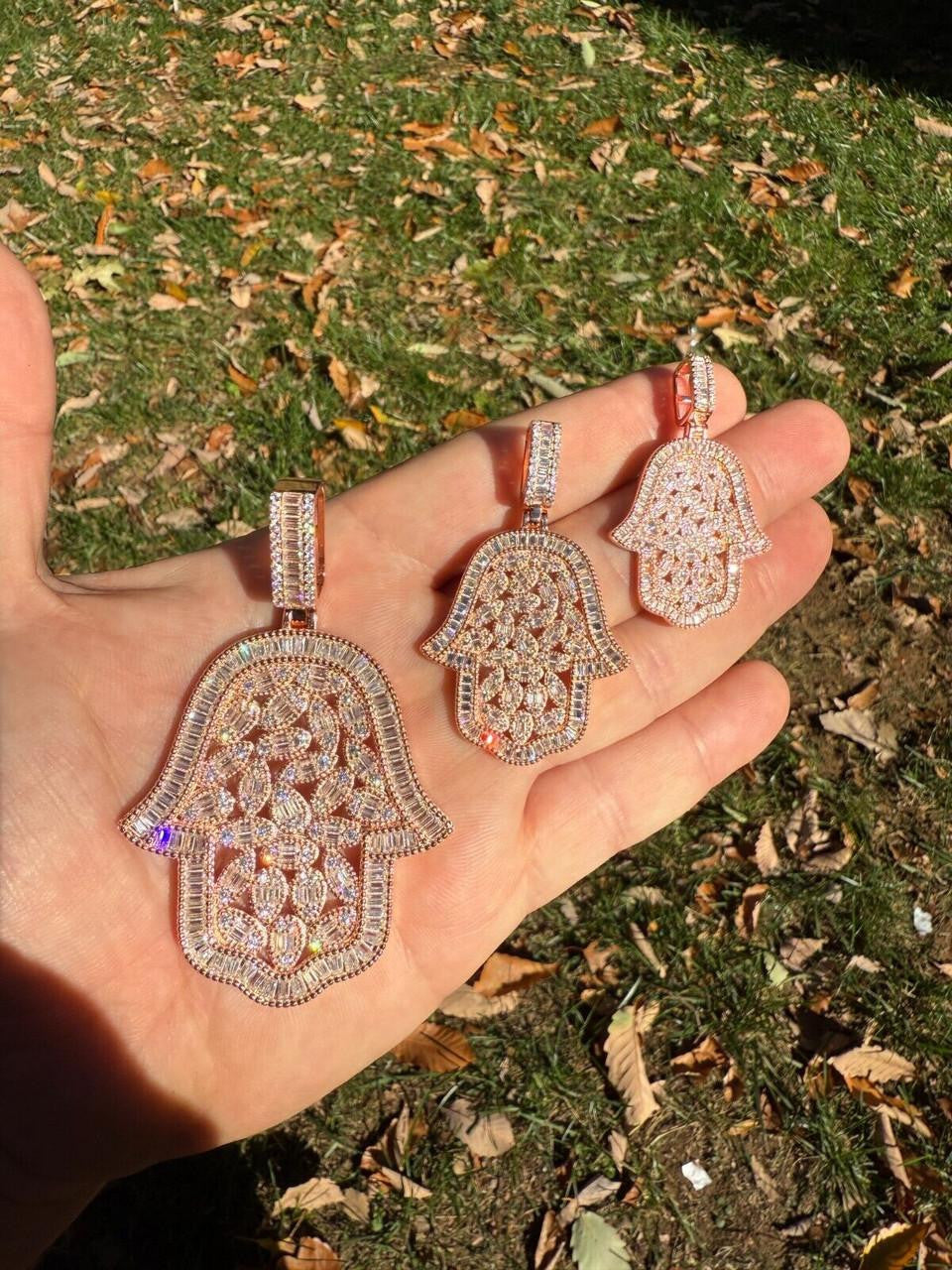 MOISSANITE 100 Evil Eyes Hamsa Hand Iced Out Pendant - 14k Rose Gold Vermeil 925 Silver - 3 Sizes 1.25"-3"