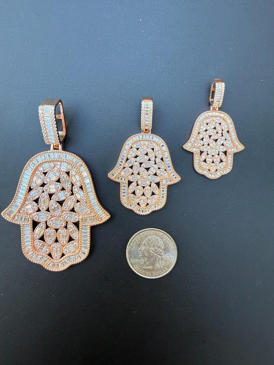 MOISSANITE 100 Evil Eyes Hamsa Hand Iced Out Pendant - 14k Rose Gold Vermeil 925 Silver - 3 Sizes 1.25"-3"