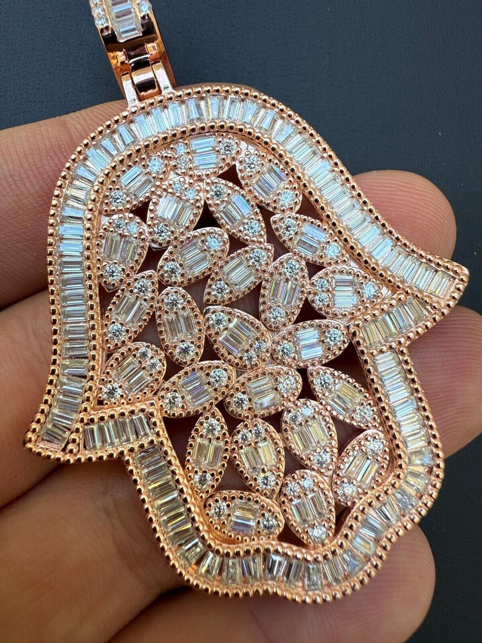 MOISSANITE 100 Evil Eyes Hamsa Hand Iced Out Pendant - 14k Rose Gold Vermeil 925 Silver - 3 Sizes 1.25"-3"