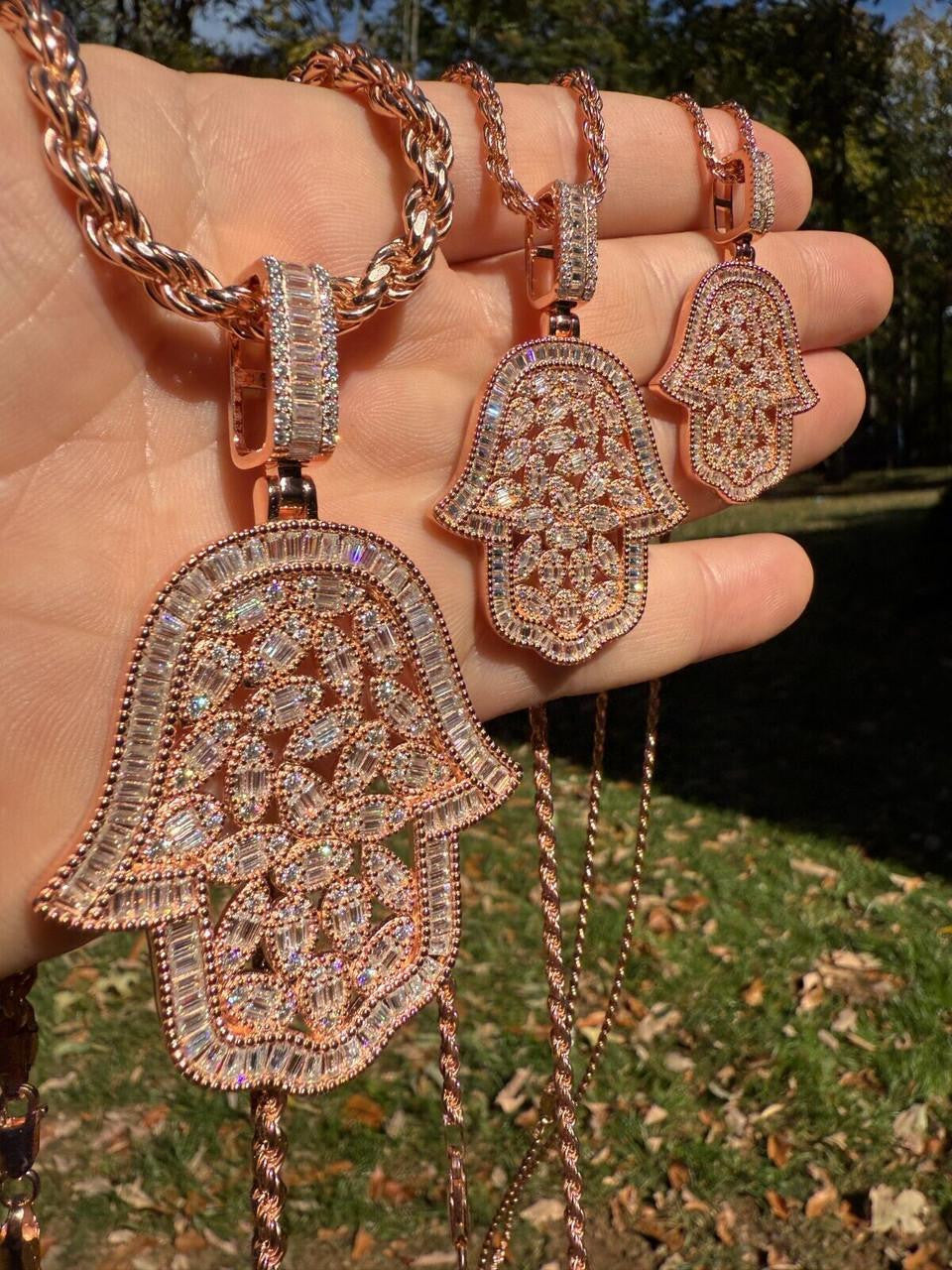 MOISSANITE 100 Evil Eyes Hamsa Hand Iced Out Pendant - 14k Rose Gold Vermeil 925 Silver - 3 Sizes 1.25"-3"