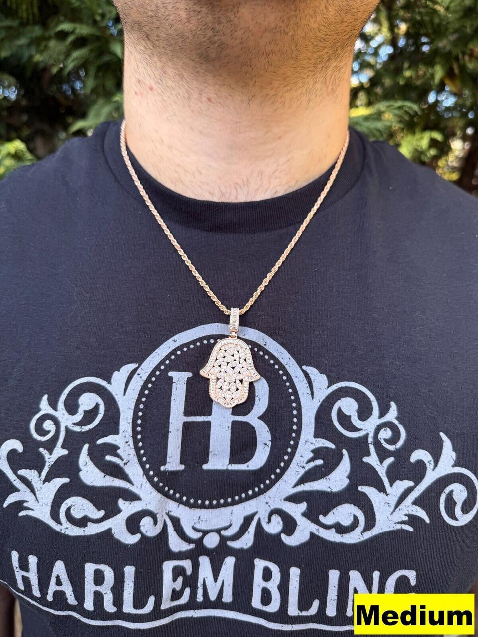 MOISSANITE 100 Evil Eyes Hamsa Hand Iced Out Pendant - 14k Rose Gold Vermeil 925 Silver - 3 Sizes 1.25"-3"