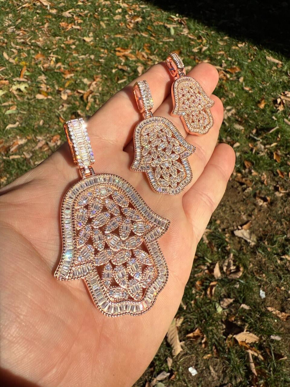 MOISSANITE 100 Evil Eyes Hamsa Hand Iced Out Pendant - 14k Rose Gold Vermeil 925 Silver - 3 Sizes 1.25"-3"