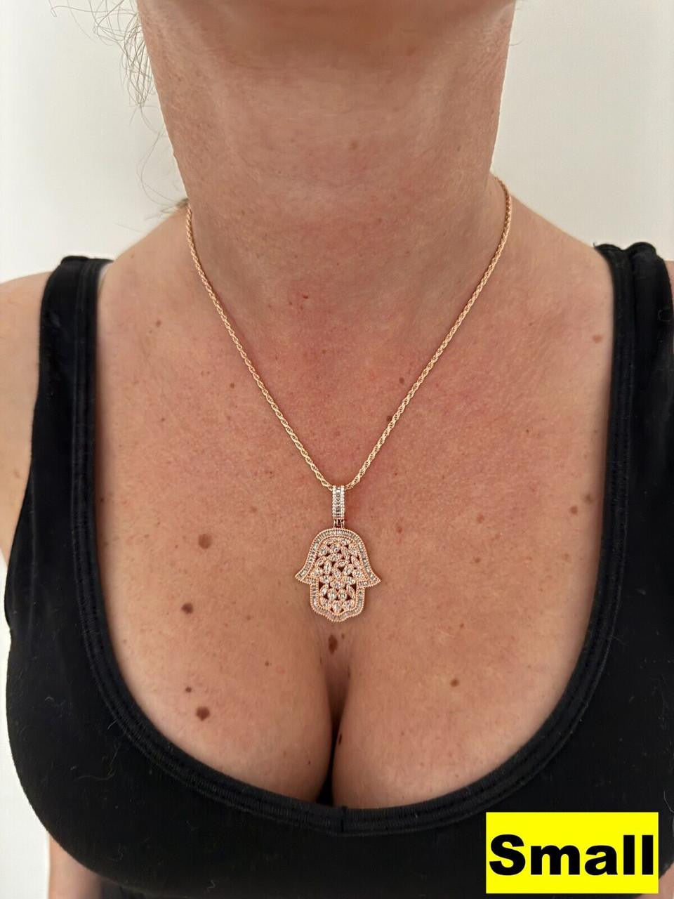 MOISSANITE 100 Evil Eyes Hamsa Hand Iced Out Pendant - 14k Rose Gold Vermeil 925 Silver - 3 Sizes 1.25"-3"