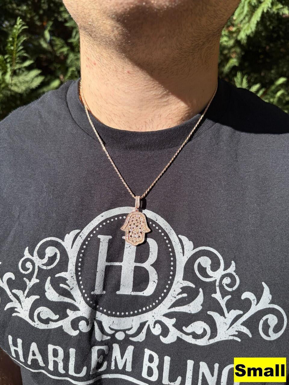 MOISSANITE 100 Evil Eyes Hamsa Hand Iced Out Pendant - 14k Rose Gold Vermeil 925 Silver - 3 Sizes 1.25"-3"