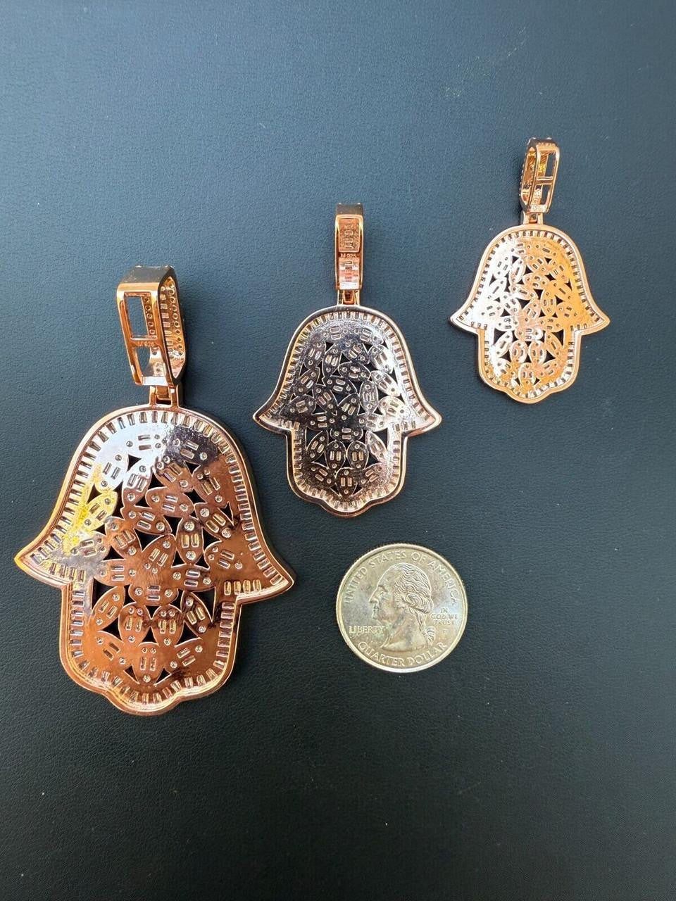 MOISSANITE 100 Evil Eyes Hamsa Hand Iced Out Pendant - 14k Rose Gold Vermeil 925 Silver - 3 Sizes 1.25"-3"