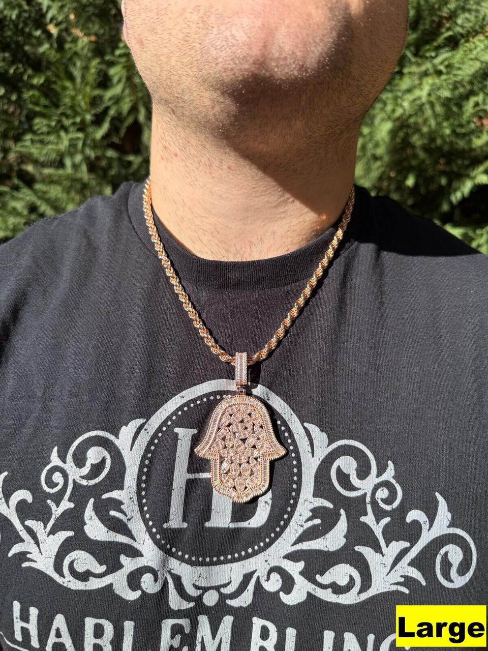 MOISSANITE 100 Evil Eyes Hamsa Hand Iced Out Pendant - 14k Rose Gold Vermeil 925 Silver - 3 Sizes 1.25"-3"