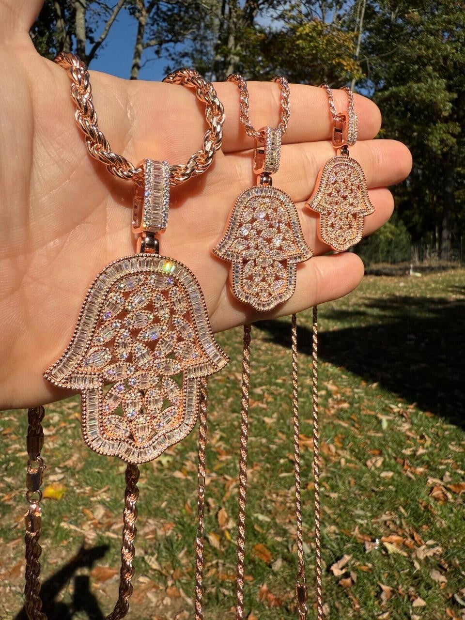 MOISSANITE 100 Evil Eyes Hamsa Hand Iced Out Pendant - 14k Rose Gold Vermeil 925 Silver - 3 Sizes 1.25"-3"