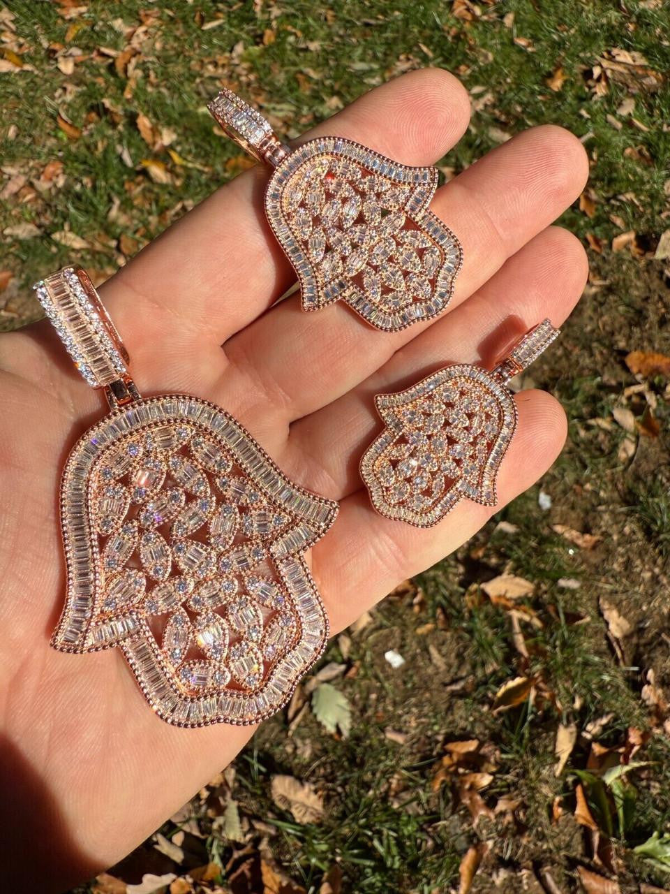 MOISSANITE 100 Evil Eyes Hamsa Hand Iced Out Pendant - 14k Rose Gold Vermeil 925 Silver - 3 Sizes 1.25"-3"