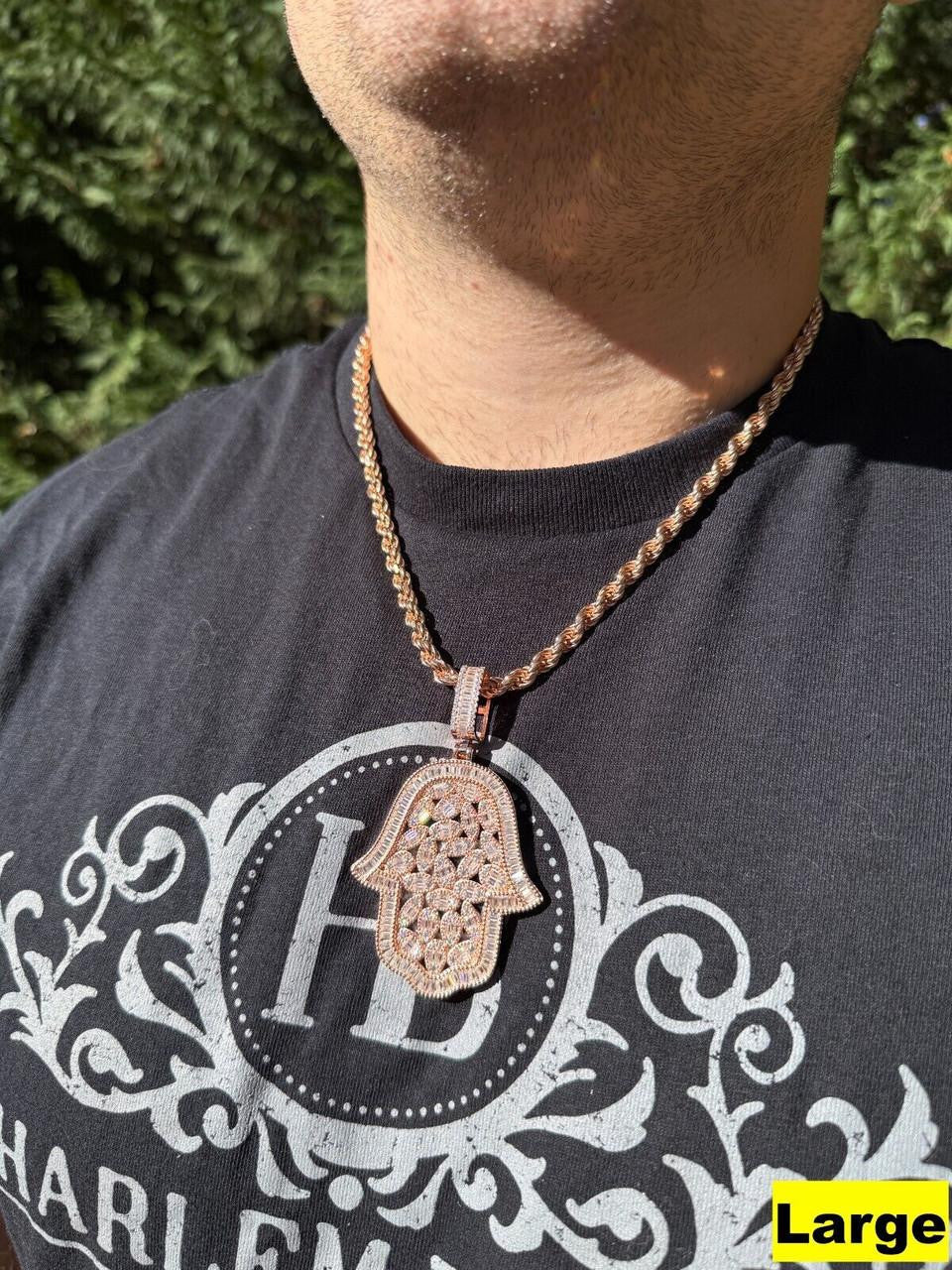 MOISSANITE 100 Evil Eyes Hamsa Hand Iced Out Pendant - 14k Rose Gold Vermeil 925 Silver - 3 Sizes 1.25"-3"