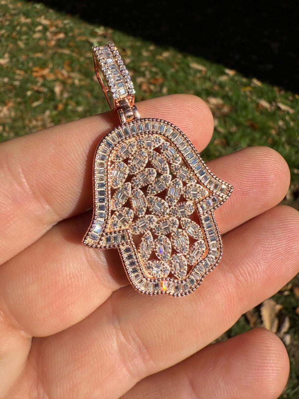MOISSANITE 100 Evil Eyes Hamsa Hand Iced Out Pendant - 14k Rose Gold Vermeil 925 Silver - 3 Sizes 1.25"-3"