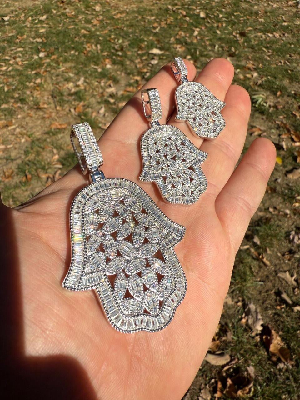 MOISSANITE 100 Evil Eyes Hamsa Hand Iced Out Pendant - 925 Silver - 3 Sizes 1.25"-3"