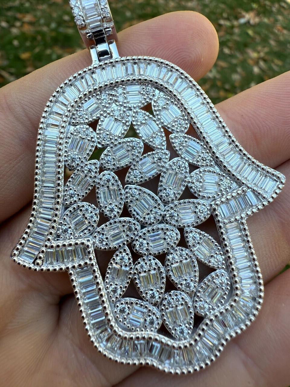MOISSANITE 100 Evil Eyes Hamsa Hand Iced Out Pendant - 925 Silver - 3 Sizes 1.25"-3"
