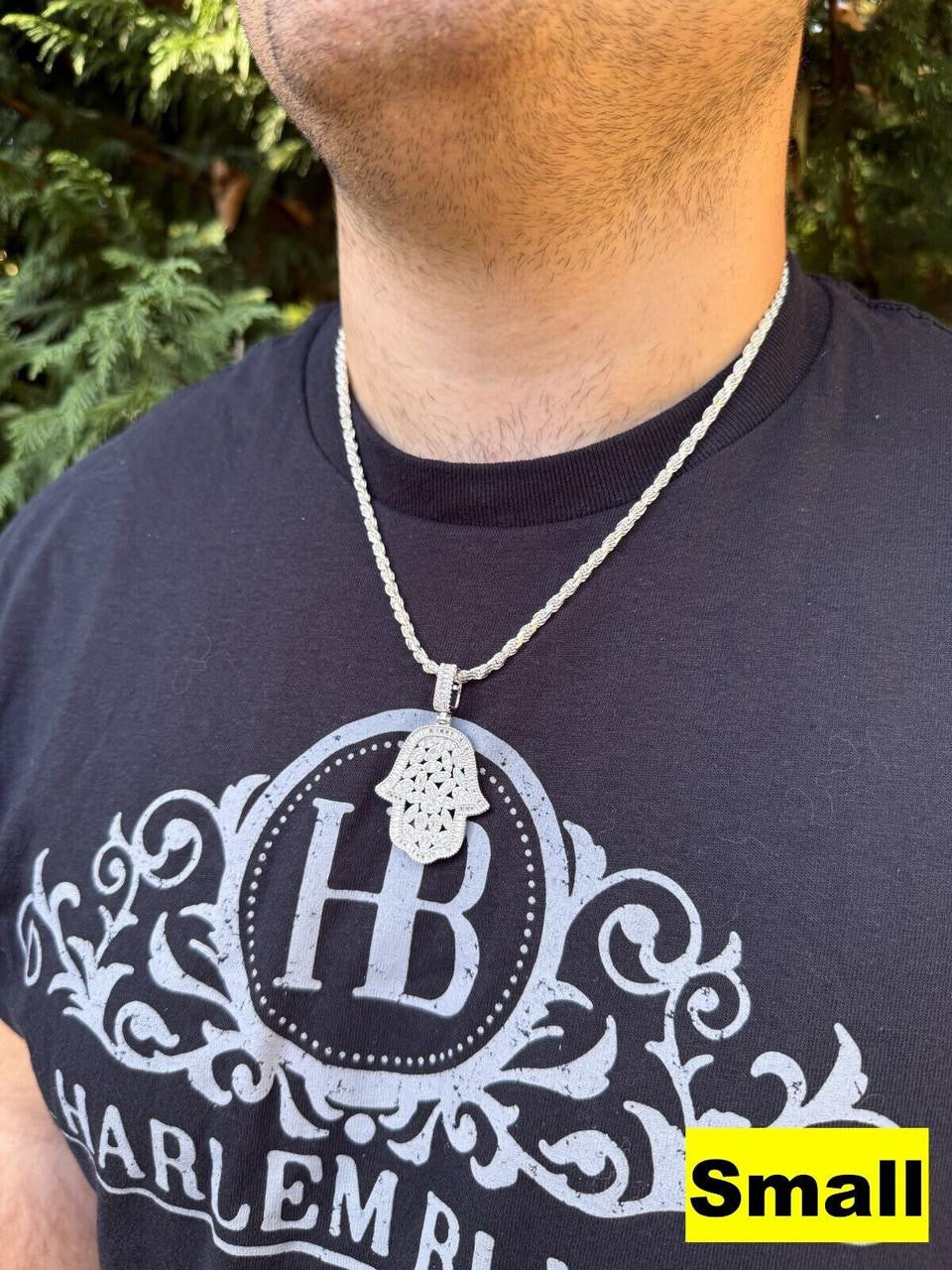 MOISSANITE 100 Evil Eyes Hamsa Hand Iced Out Pendant - 925 Silver - 3 Sizes 1.25"-3"