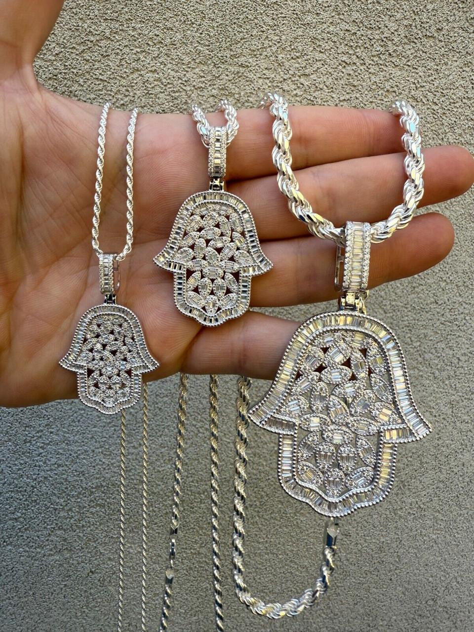 MOISSANITE 100 Evil Eyes Hamsa Hand Iced Out Pendant - 925 Silver - 3 Sizes 1.25"-3"
