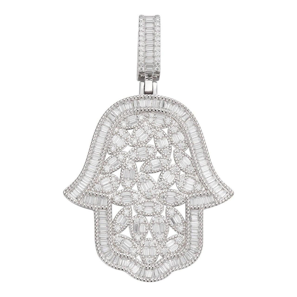 MOISSANITE 100 Evil Eyes Hamsa Hand Iced Out Pendant - 925 Silver - 3 Sizes 1.25"-3"