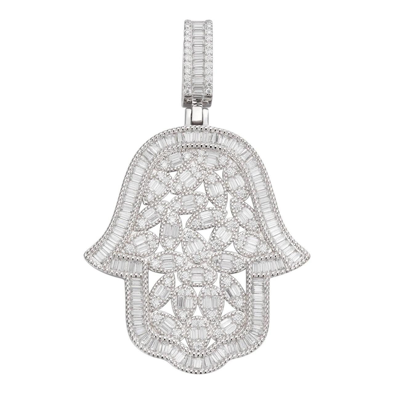 MOISSANITE 100 Evil Eyes Hamsa Hand Iced Out Pendant - 925 Silver - 3 Sizes 1.25"-3"