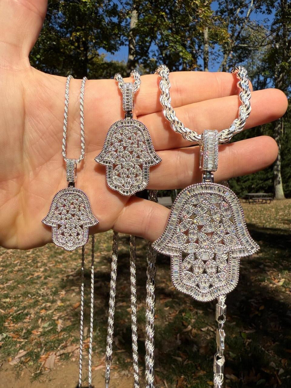 MOISSANITE 100 Evil Eyes Hamsa Hand Iced Out Pendant - 925 Silver - 3 Sizes 1.25"-3"