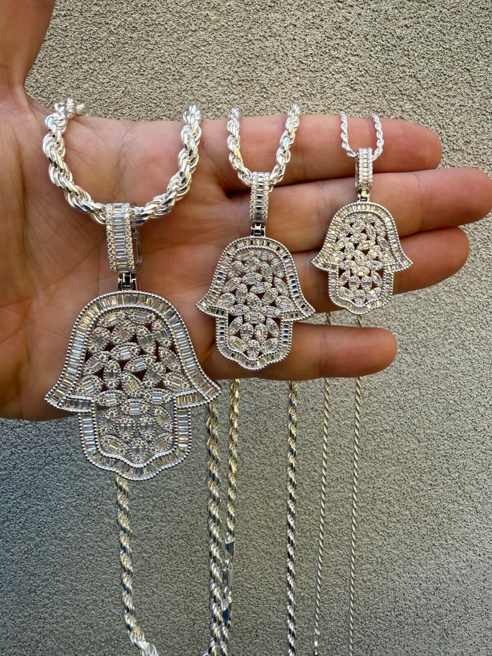 MOISSANITE 100 Evil Eyes Hamsa Hand Iced Out Pendant - 925 Silver - 3 Sizes 1.25"-3"