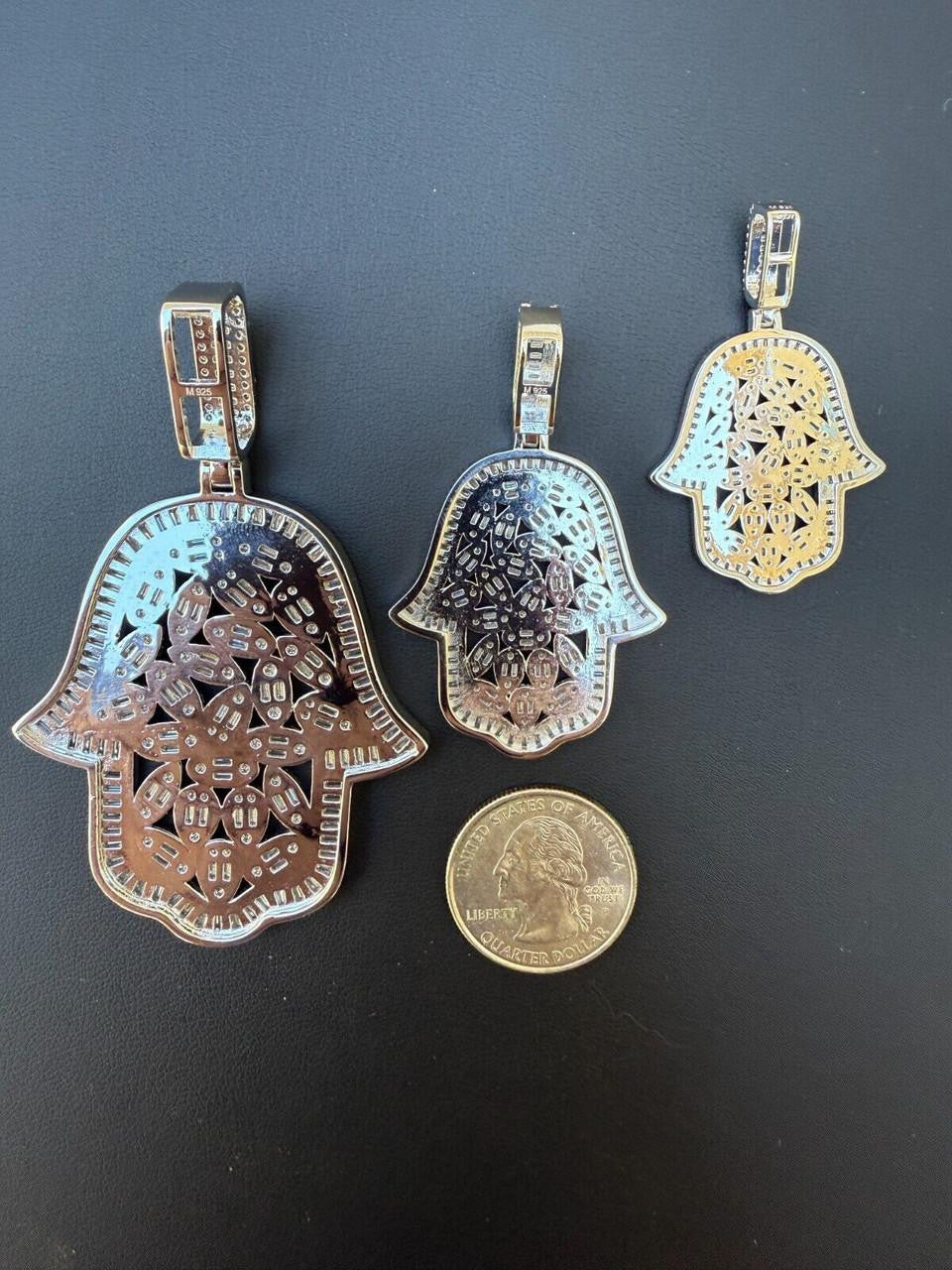 MOISSANITE 100 Evil Eyes Hamsa Hand Iced Out Pendant - 925 Silver - 3 Sizes 1.25"-3"