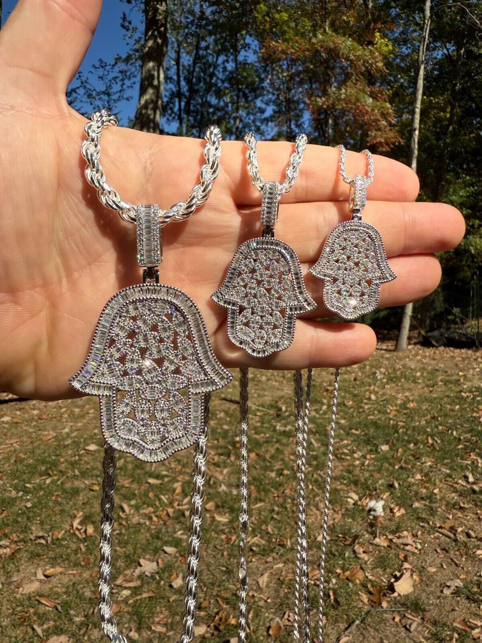 MOISSANITE 100 Evil Eyes Hamsa Hand Iced Out Pendant - 925 Silver - 3 Sizes 1.25"-3"