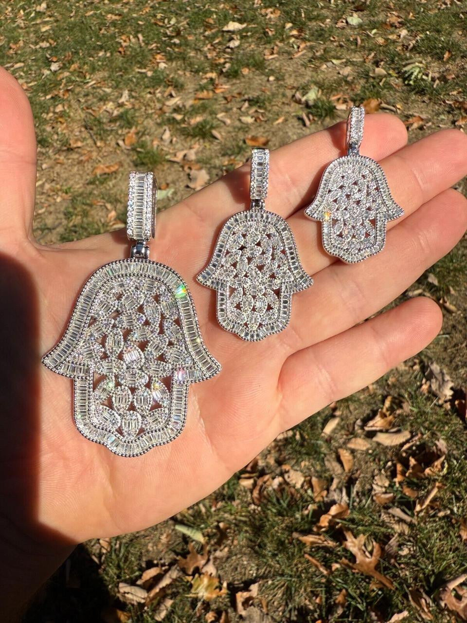 MOISSANITE 100 Evil Eyes Hamsa Hand Iced Out Pendant - 925 Silver - 3 Sizes 1.25"-3"