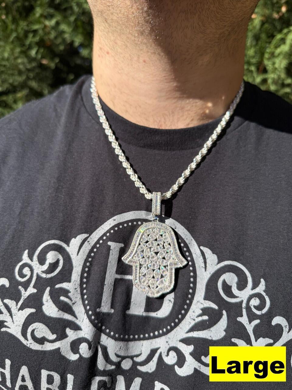 MOISSANITE 100 Evil Eyes Hamsa Hand Iced Out Pendant - 925 Silver - 3 Sizes 1.25"-3"