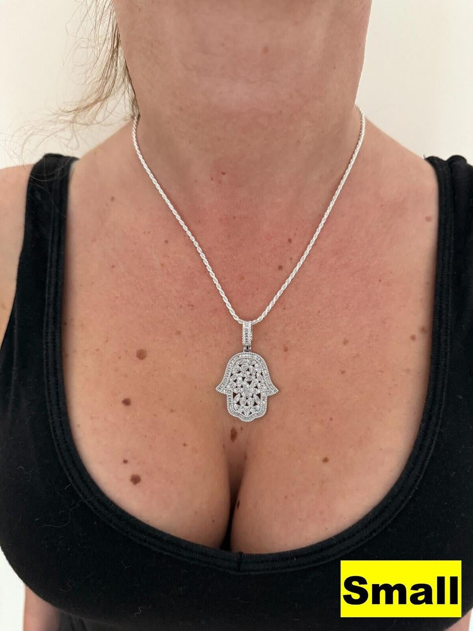MOISSANITE 100 Evil Eyes Hamsa Hand Iced Out Pendant - 925 Silver - 3 Sizes 1.25"-3"