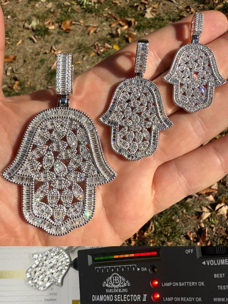MOISSANITE 100 Evil Eyes Hamsa Hand Iced Out Pendant - 925 Silver - 3 Sizes 1.25"-3"