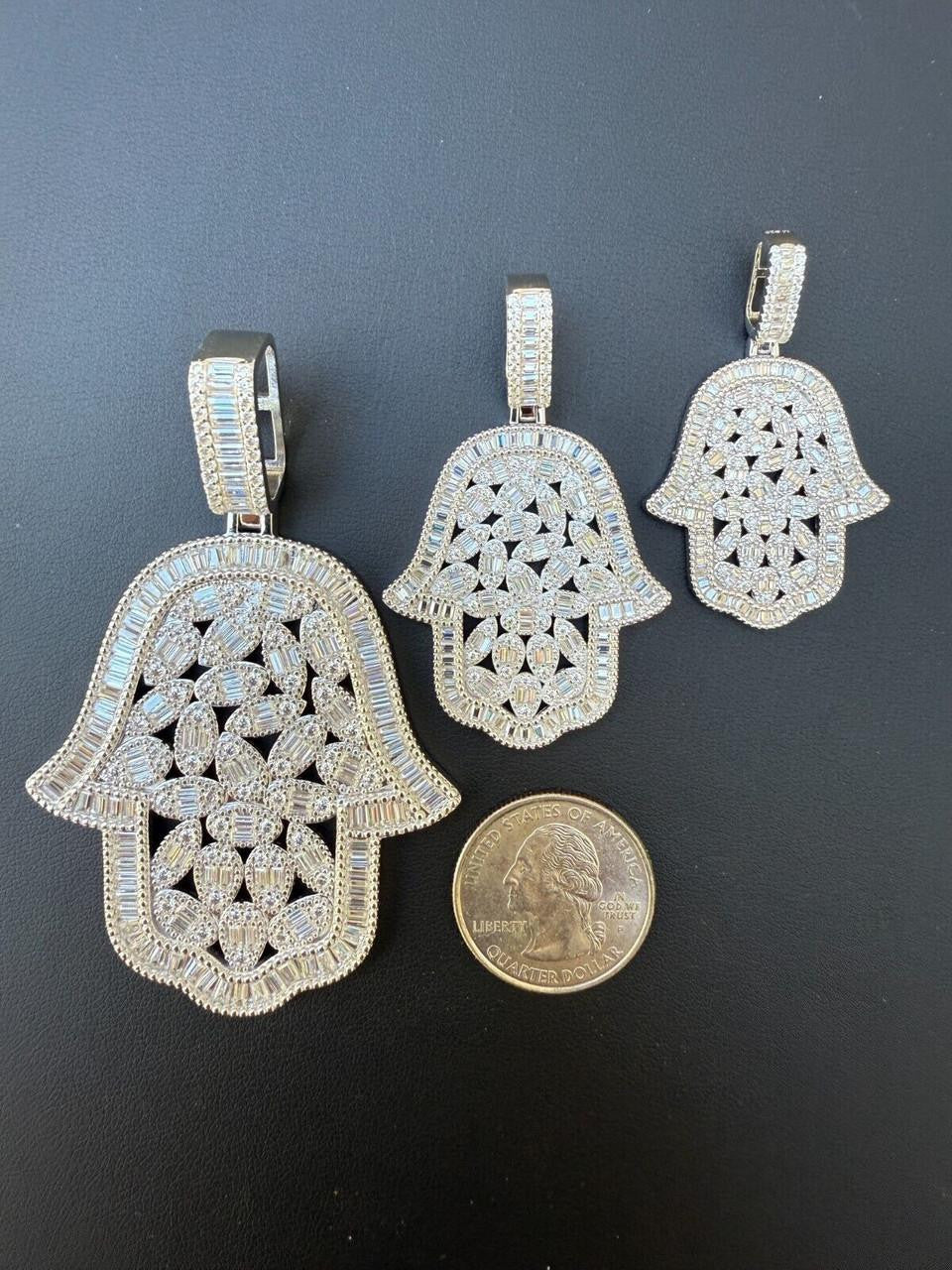 MOISSANITE 100 Evil Eyes Hamsa Hand Iced Out Pendant - 925 Silver - 3 Sizes 1.25"-3"