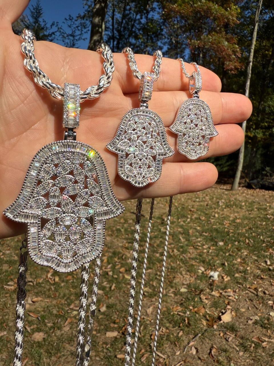 MOISSANITE 100 Evil Eyes Hamsa Hand Iced Out Pendant - 925 Silver - 3 Sizes 1.25"-3"