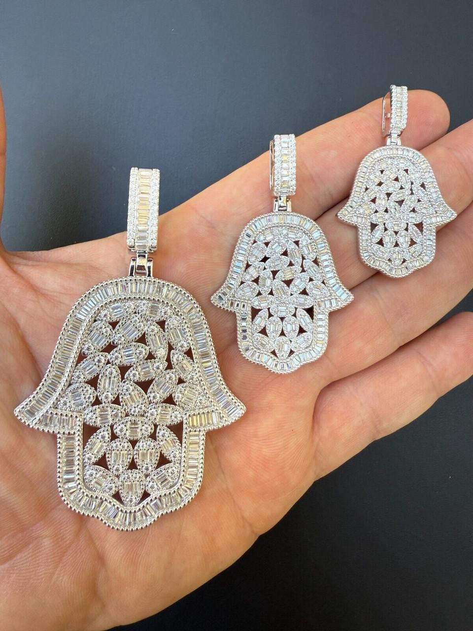 MOISSANITE 100 Evil Eyes Hamsa Hand Iced Out Pendant - 925 Silver - 3 Sizes 1.25"-3"