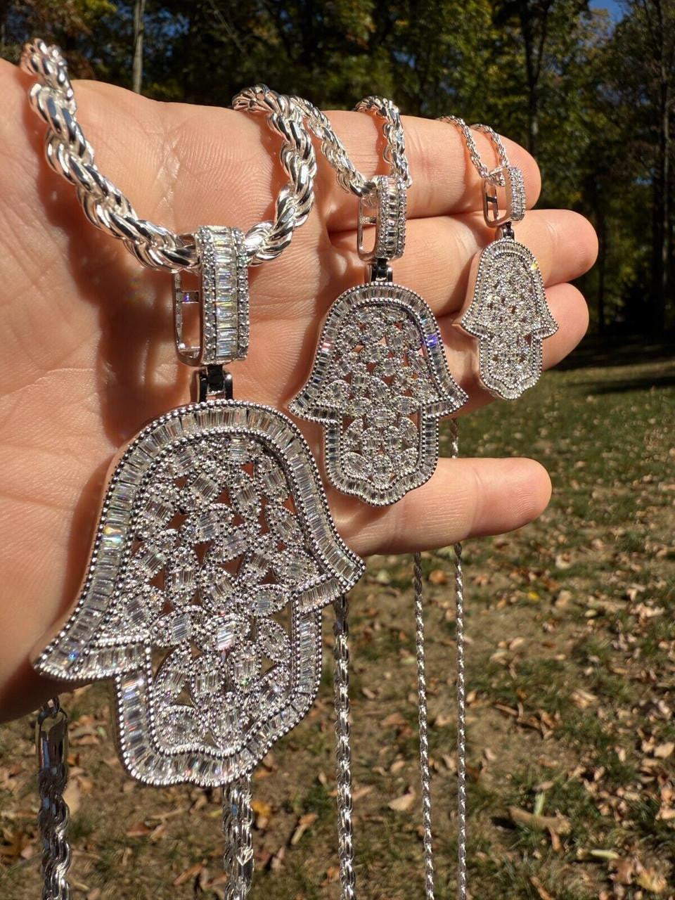 MOISSANITE 100 Evil Eyes Hamsa Hand Iced Out Pendant - 925 Silver - 3 Sizes 1.25"-3"