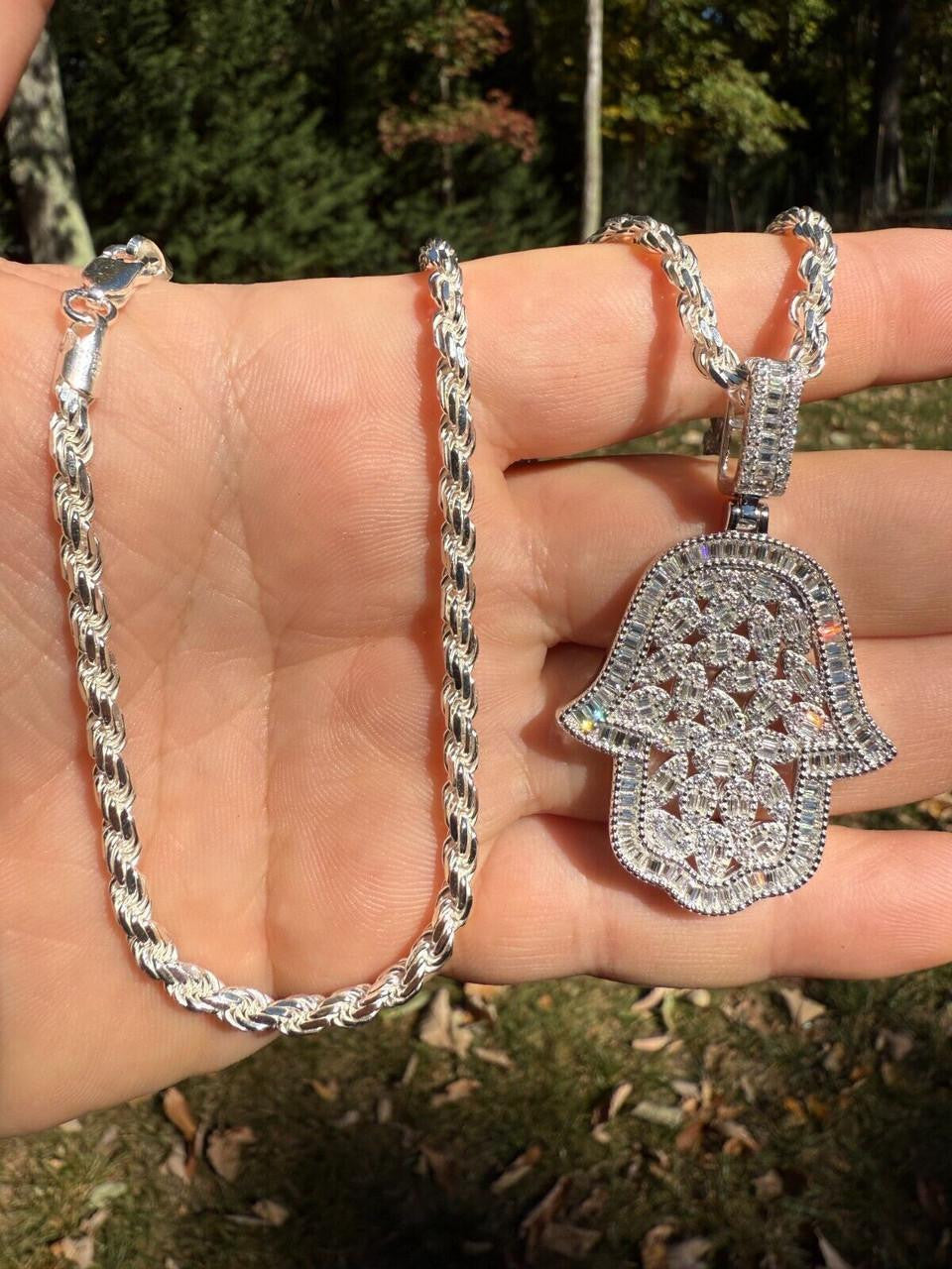 MOISSANITE 100 Evil Eyes Hamsa Hand Iced Out Pendant - 925 Silver - 3 Sizes 1.25"-3"